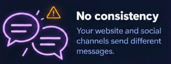 No consistency. Your website and social channels send different messages. Lavender conflicting speech bubbles and an amber warning triangle.