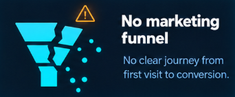 No marketing funnel. No clear journey from first visit to conversion. Cyan broken funnel with escaping leads and an amber warning triangle.