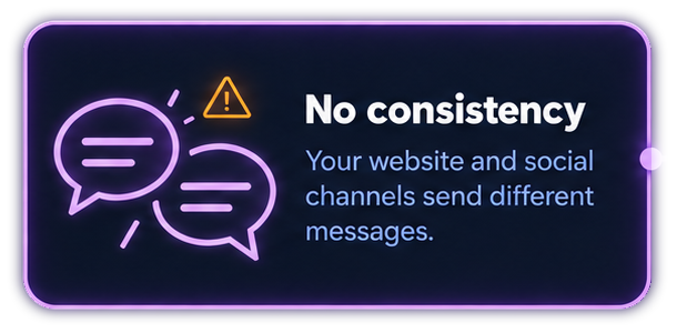 No consistency. Your website and social channels send different messages. Conflicting speech bubbles inside a lavender neon-bordered card with an amber warning.