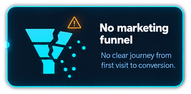No marketing funnel. No clear journey from first visit to conversion. Broken funnel with escaping leads inside a cyan neon-bordered card with an amber warning.