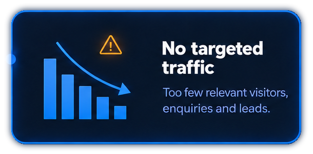 No targeted traffic. Too few relevant visitors, enquiries and leads. Declining bars and a downward arrow inside a blue neon-bordered card with an amber warning.