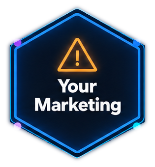 Your Marketing. Amber warning triangle inside a blue and cyan neon hexagonal hub.